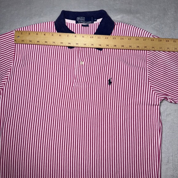 Vintage Polo Ralph Lauren Pink White Striped Navy & Pink Trim Polo‎ Shirt Medium - Picture 7 of 10